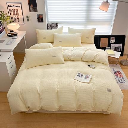 91家纺网 家纺一手货源 找家纺 琪格格 2025新款纯棉简约提花宅寂风格四件套 华夫格-奶昔黄