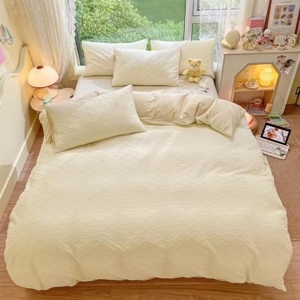 91家纺网 家纺一手货源 找家纺 琪格格 2025新款纯棉简约提花宅寂风格四件套 泡泡纱-纯米白