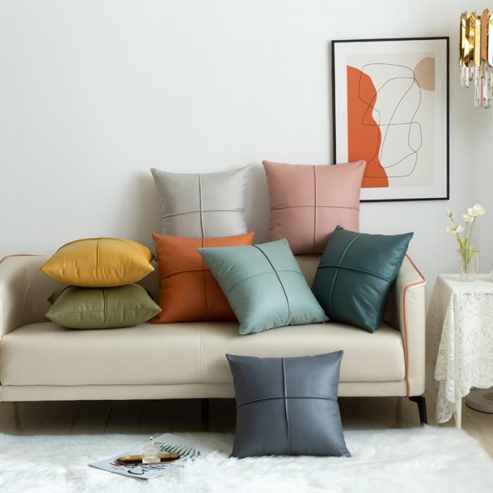 91家纺网 家纺一手货源 找家纺 新款纯色双面科技布仿真皮沙发抱枕靠垫