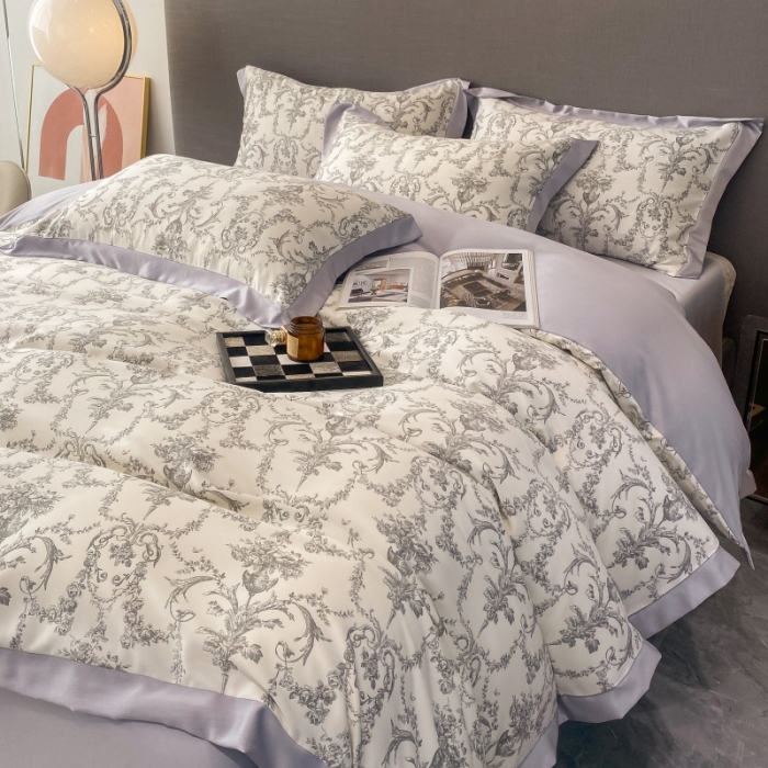 91家纺网 家纺一手货源 找家纺 棉生活 2023新款3M贡缎工艺天丝四件套 浮岚灰