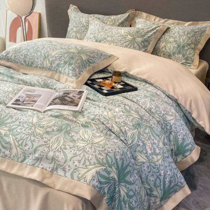 91家纺网 家纺一手货源 找家纺 棉生活 2023新款3M贡缎工艺天丝四件套 洛丽塔绿