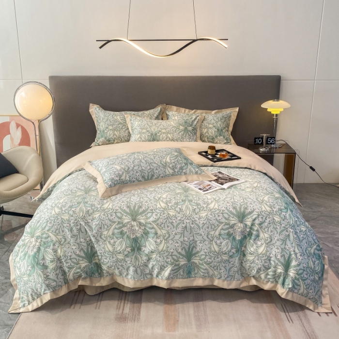 91家纺网 家纺一手货源 找家纺 棉生活 2023新款3M贡缎工艺天丝四件套 洛丽塔绿