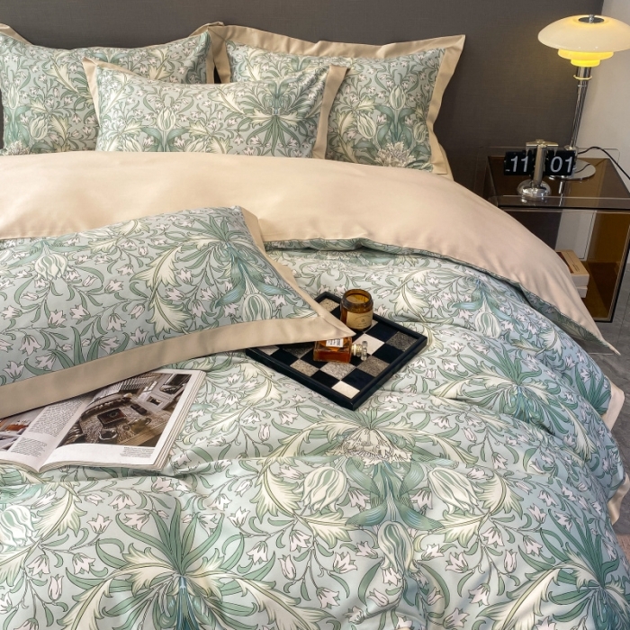 91家纺网 家纺一手货源 找家纺 棉生活 2023新款3M贡缎工艺天丝四件套 洛丽塔绿