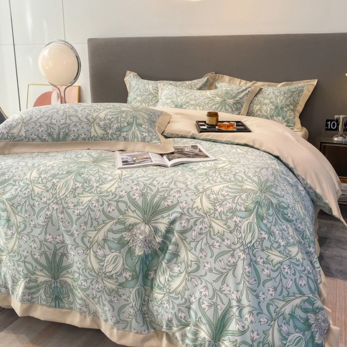 91家纺网 家纺一手货源 找家纺 棉生活 2023新款3M贡缎工艺天丝四件套 洛丽塔绿