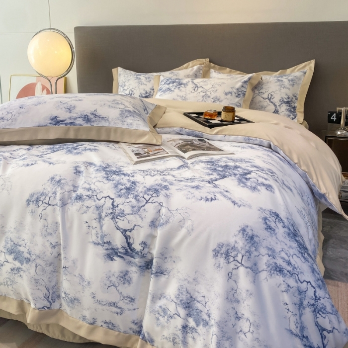 91家纺网 家纺一手货源 找家纺 棉生活 2023新款3M贡缎工艺天丝四件套 墨林兰