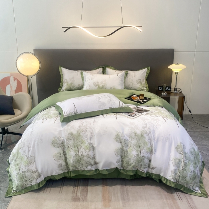 91家纺网 家纺一手货源 找家纺 棉生活 2023新款3M贡缎工艺天丝四件套 晚秋绿