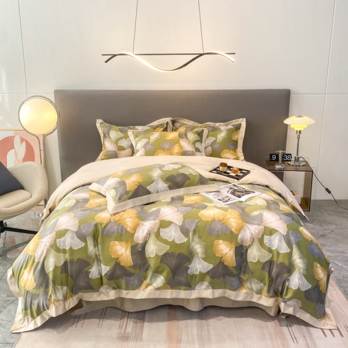 91家纺网 家纺一手货源 找家纺 棉生活 2023新款3M贡缎工艺天丝四件套 银杏叶绿