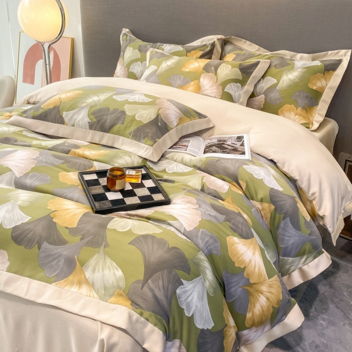 91家纺网 家纺一手货源 找家纺 棉生活 2023新款3M贡缎工艺天丝四件套 银杏叶绿