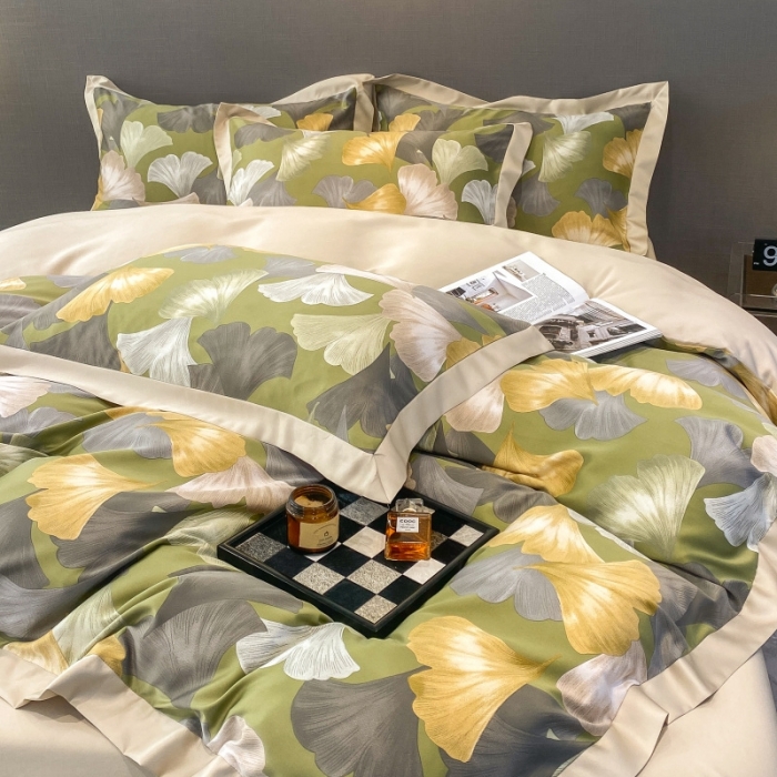 91家纺网 家纺一手货源 找家纺 棉生活 2023新款3M贡缎工艺天丝四件套 银杏叶绿