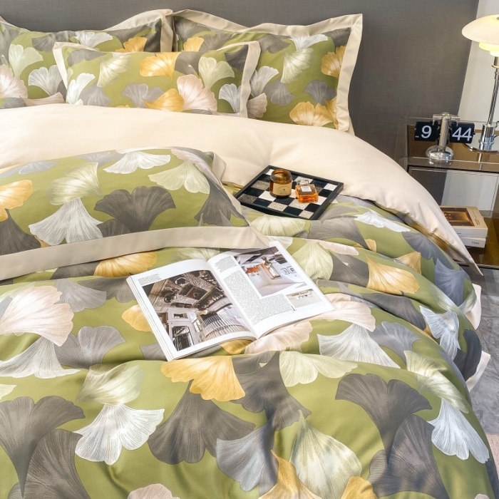 91家纺网 家纺一手货源 找家纺 棉生活 2023新款3M贡缎工艺天丝四件套 银杏叶绿