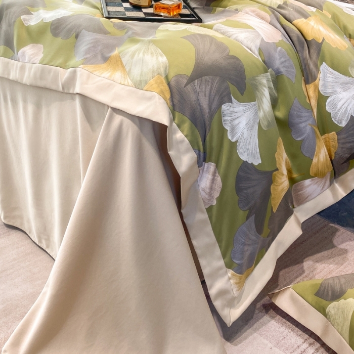 91家纺网 家纺一手货源 找家纺 棉生活 2023新款3M贡缎工艺天丝四件套 银杏叶绿