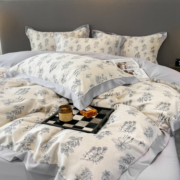 91家纺网 家纺一手货源 找家纺 棉生活 2023新款3M贡缎工艺天丝四件套 枝蔓蓝