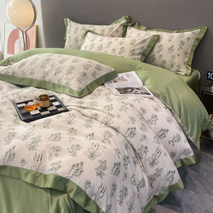 91家纺网 家纺一手货源 找家纺 棉生活 2023新款3M贡缎工艺天丝四件套 枝蔓绿