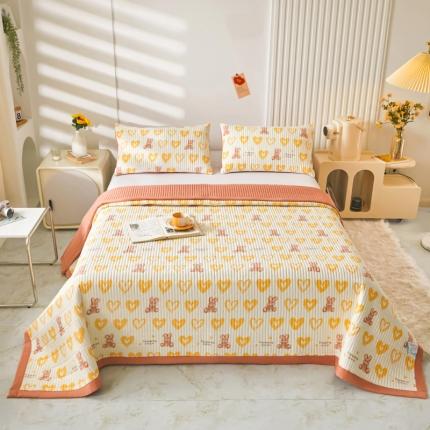 91家纺网 家纺一手货源 找家纺 水洗棉麻床盖大豆纤维夹棉加厚宿舍铺盖两用床单床裙保护垫爱心兔