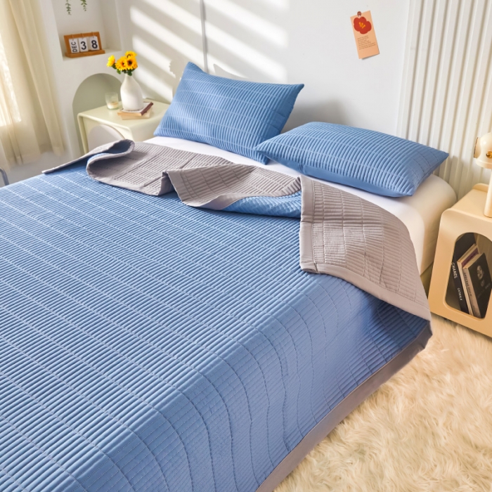 91家纺网 家纺一手货源 找家纺 水洗棉麻床盖大豆纤维夹棉加厚宿舍铺盖两用床单床裙保护垫宾利兰