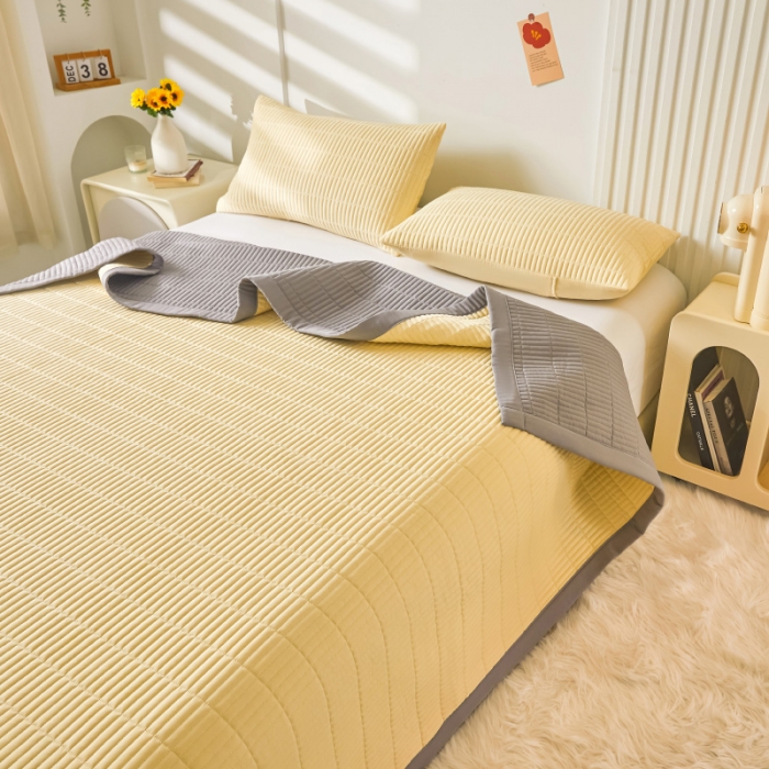 91家纺网 家纺一手货源 找家纺 水洗棉麻床盖大豆纤维夹棉加厚宿舍铺盖两用床单床裙保护垫鹅黄色