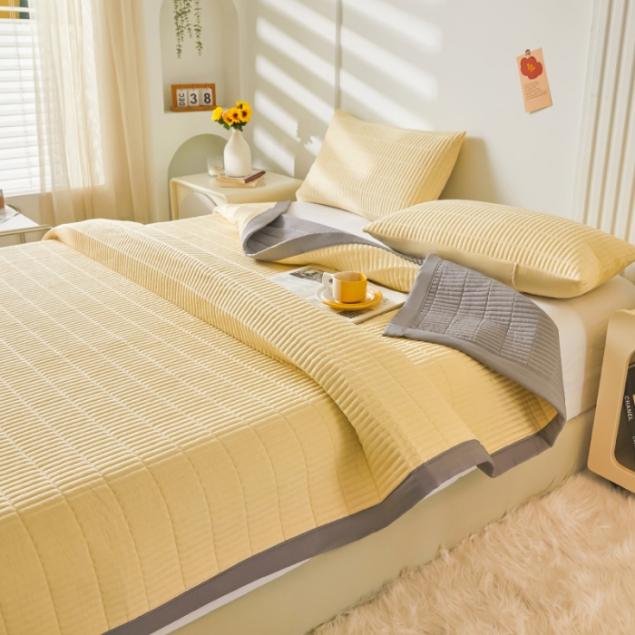 91家纺网 家纺一手货源 找家纺 水洗棉麻床盖大豆纤维夹棉加厚宿舍铺盖两用床单床裙保护垫鹅黄色