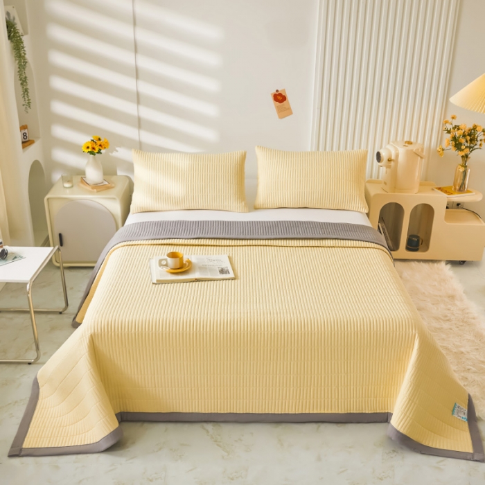 91家纺网 家纺一手货源 找家纺 水洗棉麻床盖大豆纤维夹棉加厚宿舍铺盖两用床单床裙保护垫鹅黄色