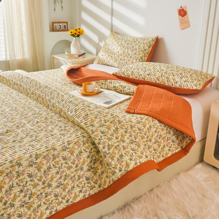 91家纺网 家纺一手货源 找家纺 水洗棉麻床盖大豆纤维夹棉加厚宿舍铺盖两用床单床裙保护垫繁花