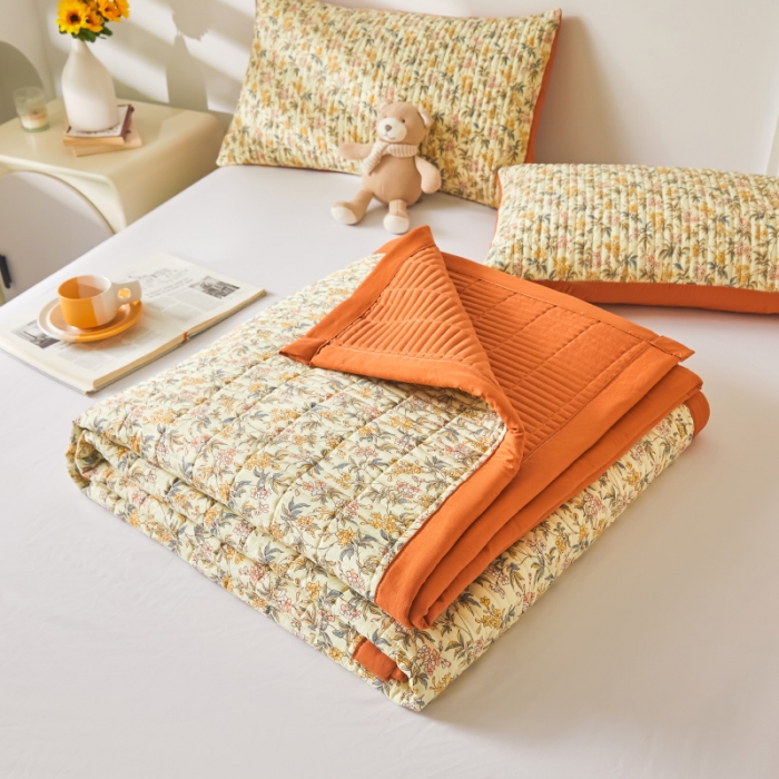 91家纺网 家纺一手货源 找家纺 水洗棉麻床盖大豆纤维夹棉加厚宿舍铺盖两用床单床裙保护垫繁花