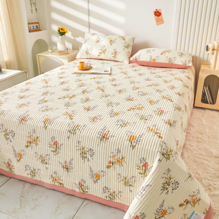 91家纺网 家纺一手货源 找家纺 水洗棉麻床盖大豆纤维夹棉加厚宿舍铺盖两用床单床裙保护垫花海