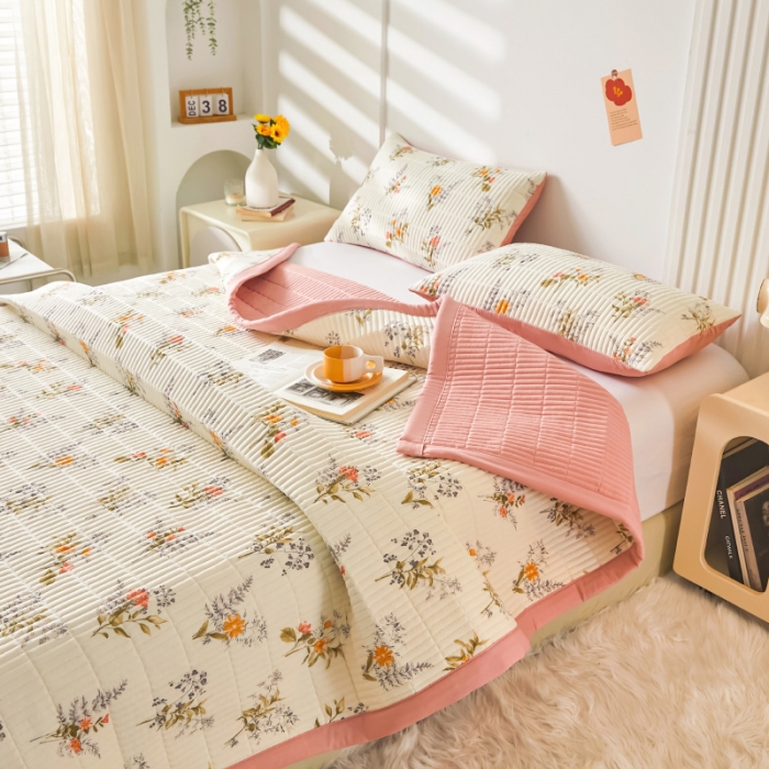 91家纺网 家纺一手货源 找家纺 水洗棉麻床盖大豆纤维夹棉加厚宿舍铺盖两用床单床裙保护垫花海