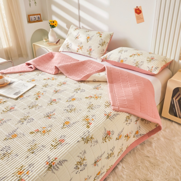 91家纺网 家纺一手货源 找家纺 水洗棉麻床盖大豆纤维夹棉加厚宿舍铺盖两用床单床裙保护垫花海