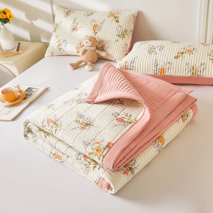 91家纺网 家纺一手货源 找家纺 水洗棉麻床盖大豆纤维夹棉加厚宿舍铺盖两用床单床裙保护垫花海