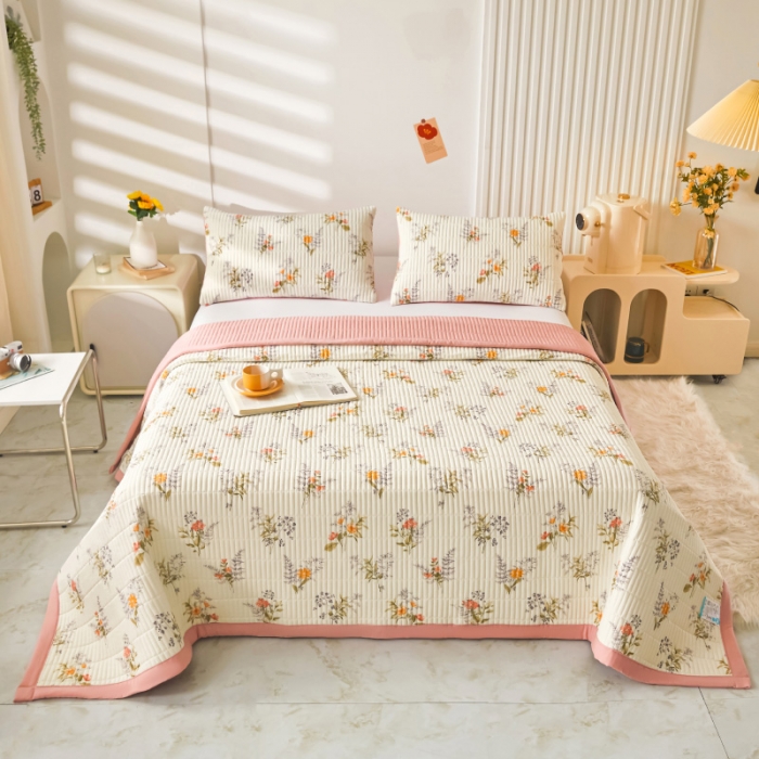 91家纺网 家纺一手货源 找家纺 水洗棉麻床盖大豆纤维夹棉加厚宿舍铺盖两用床单床裙保护垫花海