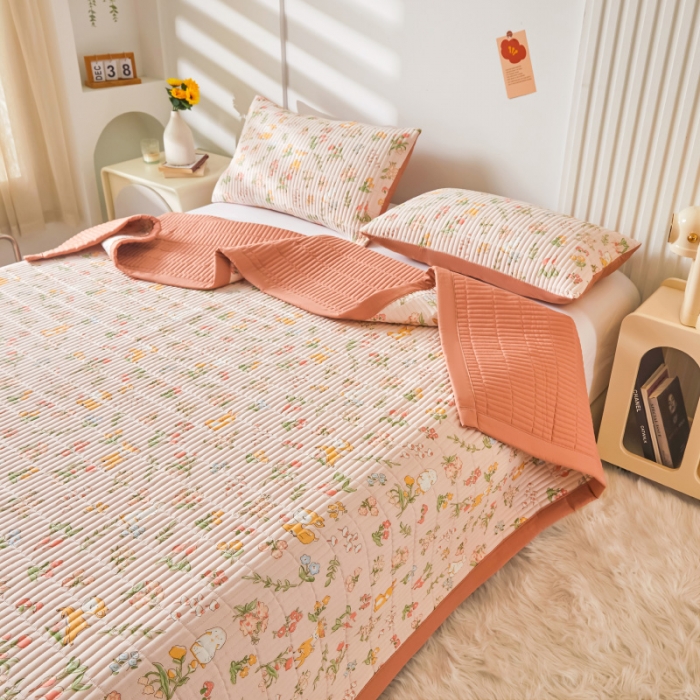 91家纺网 家纺一手货源 找家纺 水洗棉麻床盖大豆纤维夹棉加厚宿舍铺盖两用床单床裙保护垫花中鹿