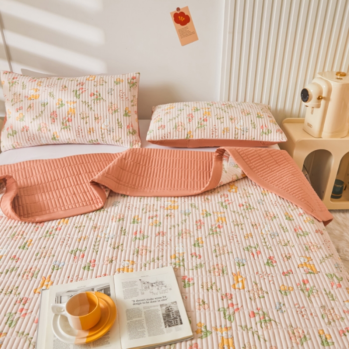 91家纺网 家纺一手货源 找家纺 水洗棉麻床盖大豆纤维夹棉加厚宿舍铺盖两用床单床裙保护垫花中鹿