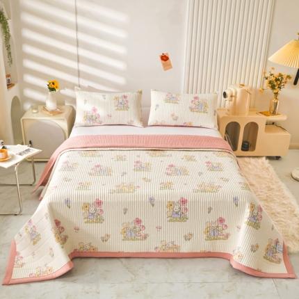 91家纺网 家纺一手货源 找家纺 水洗棉麻床盖大豆纤维夹棉加厚宿舍铺盖两用床单床裙保护垫花中兔