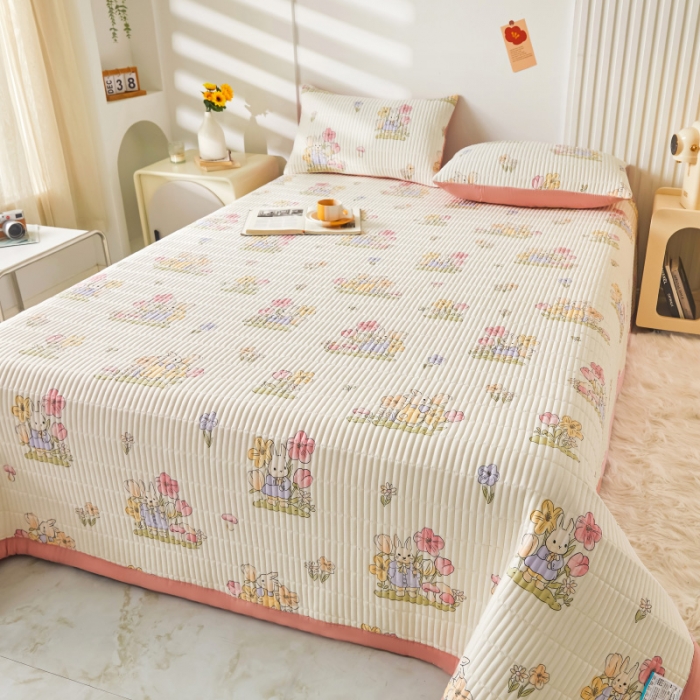 91家纺网 家纺一手货源 找家纺 水洗棉麻床盖大豆纤维夹棉加厚宿舍铺盖两用床单床裙保护垫花中兔