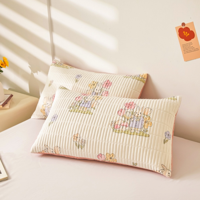 91家纺网 家纺一手货源 找家纺 水洗棉麻床盖大豆纤维夹棉加厚宿舍铺盖两用床单床裙保护垫花中兔