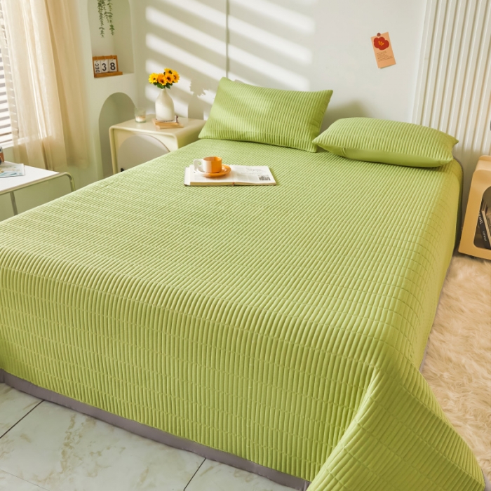 91家纺网 家纺一手货源 找家纺 水洗棉麻床盖大豆纤维夹棉加厚宿舍铺盖两用床单床裙保护垫 牛油果绿