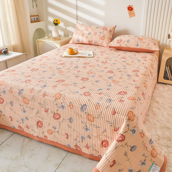 91家纺网 家纺一手货源 找家纺 水洗棉麻床盖大豆纤维夹棉加厚宿舍铺盖两用床单床裙保护垫牵牛花