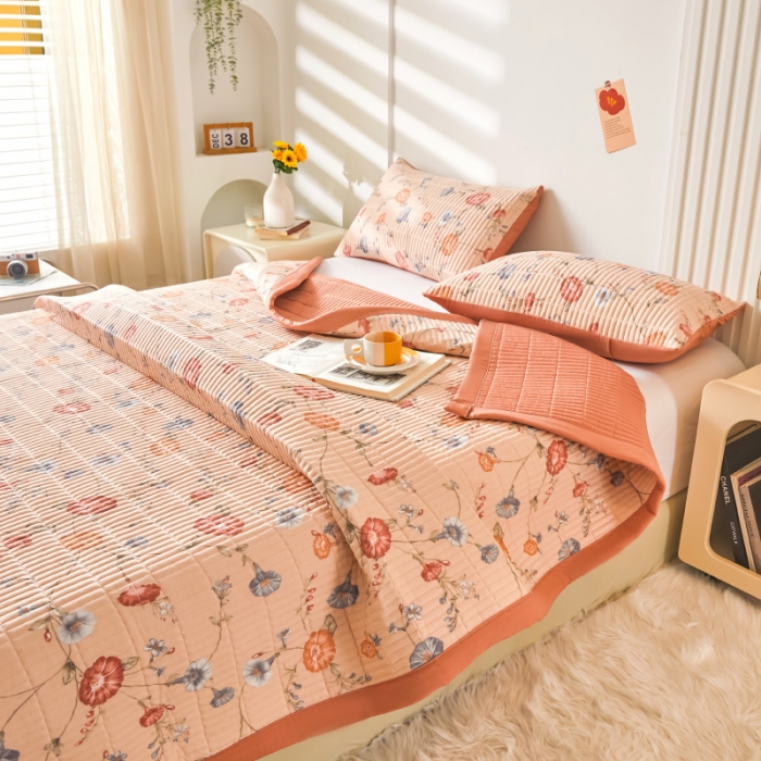 91家纺网 家纺一手货源 找家纺 水洗棉麻床盖大豆纤维夹棉加厚宿舍铺盖两用床单床裙保护垫牵牛花