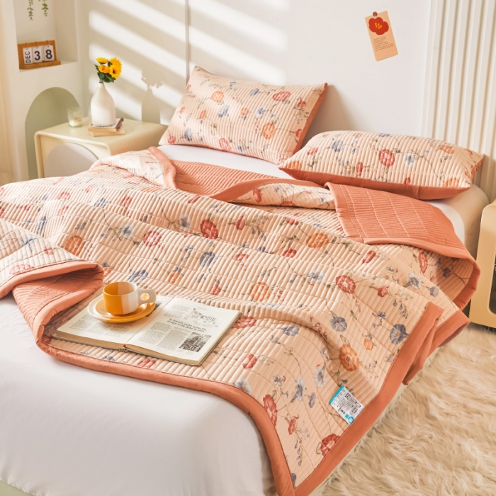 91家纺网 家纺一手货源 找家纺 水洗棉麻床盖大豆纤维夹棉加厚宿舍铺盖两用床单床裙保护垫牵牛花