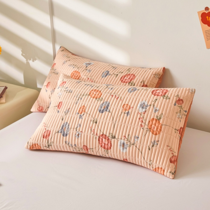 91家纺网 家纺一手货源 找家纺 水洗棉麻床盖大豆纤维夹棉加厚宿舍铺盖两用床单床裙保护垫牵牛花