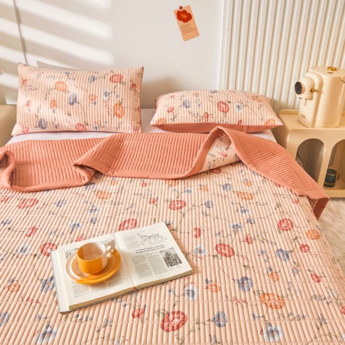 91家纺网 家纺一手货源 找家纺 水洗棉麻床盖大豆纤维夹棉加厚宿舍铺盖两用床单床裙保护垫牵牛花