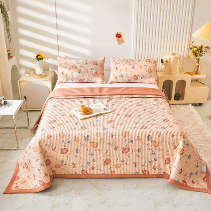 91家纺网 家纺一手货源 找家纺 水洗棉麻床盖大豆纤维夹棉加厚宿舍铺盖两用床单床裙保护垫牵牛花