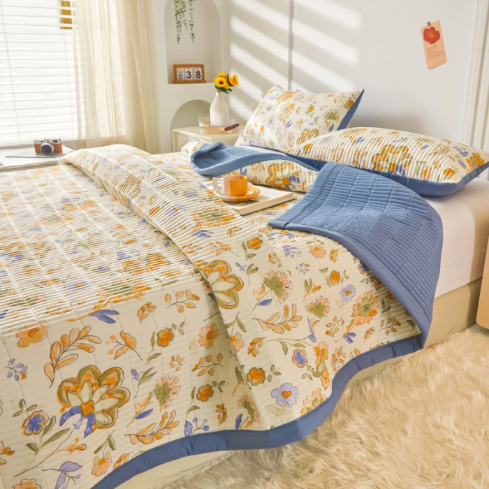 91家纺网 家纺一手货源 找家纺 水洗棉麻床盖大豆纤维夹棉加厚宿舍铺盖两用床单床裙保护垫 太阳花