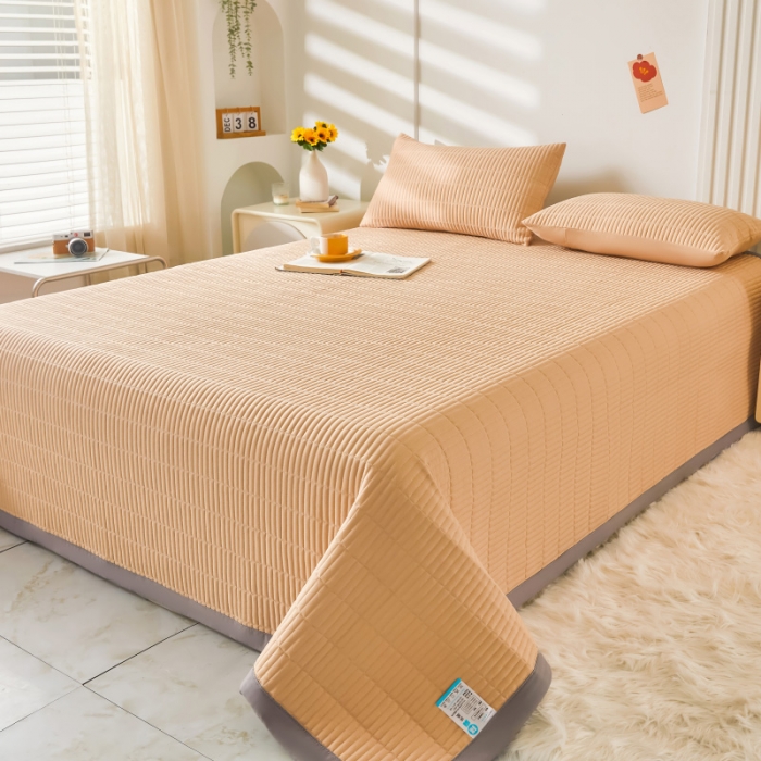 91家纺网 家纺一手货源 找家纺 水洗棉麻床盖大豆纤维夹棉加厚宿舍铺盖两用床单床裙保护垫 香槟色