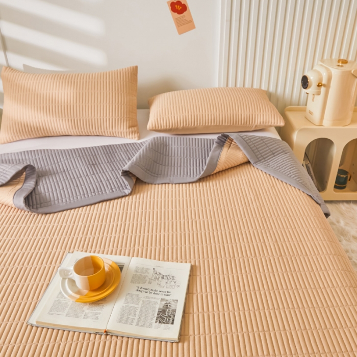 91家纺网 家纺一手货源 找家纺 水洗棉麻床盖大豆纤维夹棉加厚宿舍铺盖两用床单床裙保护垫 香槟色