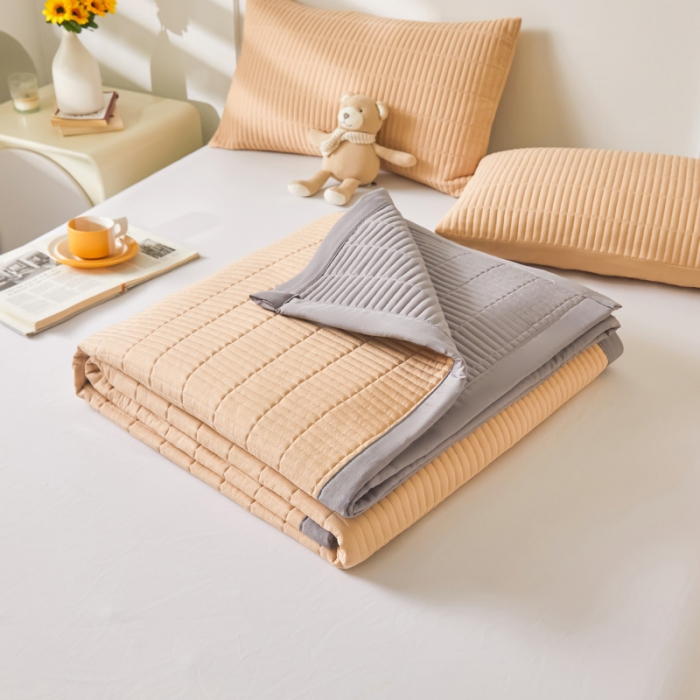 91家纺网 家纺一手货源 找家纺 水洗棉麻床盖大豆纤维夹棉加厚宿舍铺盖两用床单床裙保护垫 香槟色