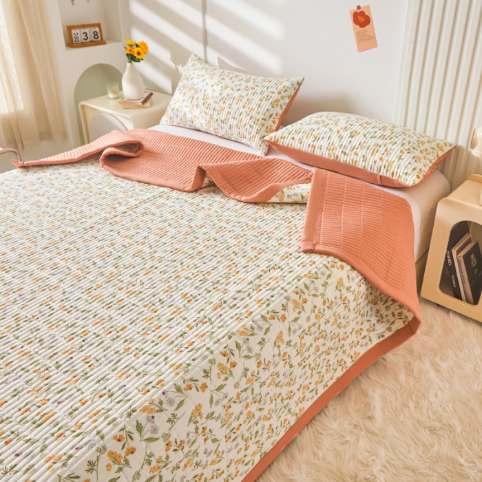 91家纺网 家纺一手货源 找家纺 水洗棉麻床盖大豆纤维夹棉加厚宿舍铺盖两用床单床裙保护垫 小碎花