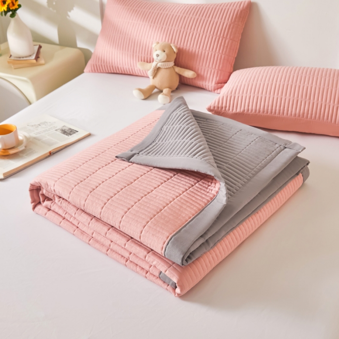 91家纺网 家纺一手货源 找家纺 水洗棉麻床盖大豆纤维夹棉加厚宿舍铺盖两用床单床裙保护垫胭脂粉