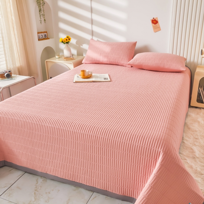 91家纺网 家纺一手货源 找家纺 水洗棉麻床盖大豆纤维夹棉加厚宿舍铺盖两用床单床裙保护垫胭脂粉