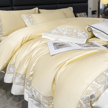 91家纺网 家纺一手货源 找家纺 2023新品100支长绒棉四件套纯棉全棉纯色拼接床单被套刺绣床上用品