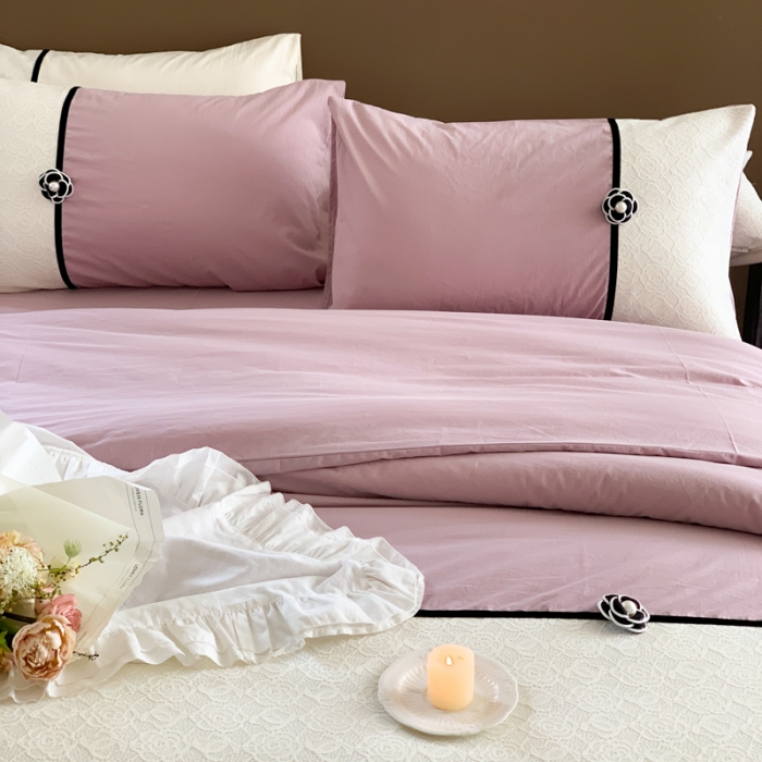 91家纺网 家纺一手货源 找家纺 玛奇朵 2023新款全棉有氧水洗棉蕾丝小香风-安娜系列 安娜-木槿紫